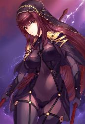 Rule 34 | 1girl, bodysuit, breasts, covered navel, cowboy shot, dual wielding, fate/grand order, fate (series), gae bolg (fate), holding, kfr, long hair, looking at viewer, medium breasts, purple bodysuit, purple hair, red eyes, scathach (fate), scathach (fate), solo, veil