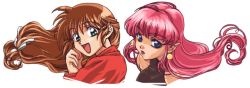 Rule 34 | 1990s (style), 2girls, :d, blue eyes, blue seed, brown hair, earrings, fujimiya momiji, happy, jewelry, long hair, multiple girls, open mouth, pink hair, pointy ears, smile, valencia tachibana