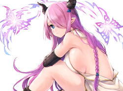 Rule 34 | 1girl, back, backless dress, backless outfit, bad id, bad pixiv id, bare legs, bare shoulders, black gloves, blue eyes, braid, breasts, draph, dress, elbow gloves, from side, gloves, granblue fantasy, hair ornament, hair over one eye, hairpin, horns, knee up, koretsuki azuma, large breasts, long hair, looking at viewer, narmaya (granblue fantasy), pointy ears, purple hair, sideboob, simple background, single braid, sitting, solo, very long hair, white background, white dress
