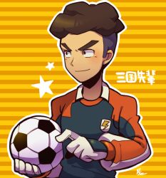 Rule 34 | 1boy, ball, closed mouth, curly hair, gloves, holding, holding ball, inazuma eleven (series), inazuma eleven go, kotorai, long sleeves, male focus, sangoku taichi, short hair, signature, soccer ball, soccer uniform, solo, sportswear, star (symbol), striped background, thick eyebrows, translation request, undercut, white gloves