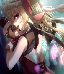 Rule 34 | 1girl, :d, akane hazuki, animal, blonde hair, dress, flandre scarlet, floating hair, hair between eyes, hat, highres, holding, holding animal, long hair, looking at viewer, nail polish, open mouth, red dress, red eyes, red nails, sleeveless, sleeveless dress, smile, solo, stuffed animal, stuffed toy, touhou, upper body, white hat, wings