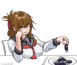 Rule 34 | 1girl, aged up, alternate breast size, anchor symbol, black sailor collar, brown eyes, brown hair, commentary request, dated, eggplant, folded ponytail, fork, highres, inazuma (kancolle), kantai collection, long hair, long sleeves, looking at viewer, neckerchief, one-hour drawing challenge, plate, red neckerchief, sailor collar, school uniform, serafuku, shirt, simple background, solo, sozan, twitter username, upper body, white background, white shirt