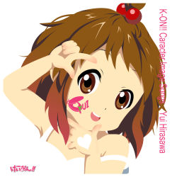 Rule 34 | 1girl, aged down, album cover, bad id, bad pixiv id, bare shoulders, brown eyes, brown hair, castanets, cover, dress, facepaint, finger frame, hair bobbles, hair ornament, highres, hirasawa yui, instrument, k-on!, kouchou, parody, short hair, simple background, solo, strap slip