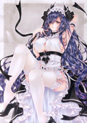 Rule 34 | 1girl, arm behind head, armpits, august von parseval (azur lane), august von parseval (the conquered unhulde) (azur lane), azur lane, between breasts, black dress, black footwear, black ribbon, breasts, covered erect nipples, curled horns, dress, floating, full body, garter straps, hair over one eye, hand in own hair, high heels, highres, horns, lace, lace-trimmed legwear, lace trim, large breasts, layered dress, long hair, looking at viewer, maid headdress, marker (medium), mechanical horns, mktr (princess mktr), official alternate costume, one eye covered, purple eyes, purple hair, ribbon, shoe dangle, shoes, solo, strap between breasts, thighhighs, traditional media, two-tone dress, very long hair, white dress, white garter straps, white thighhighs
