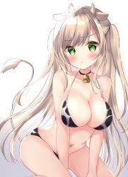 Rule 34 | 1girl, :t, animal ears, animal print, bell, bikini, blonde hair, breasts, cow ears, cow girl, cow print, cow tail, cowbell, green eyes, hamico, highres, large breasts, long hair, looking at viewer, original, solo, swimsuit, tail, twintails, very long hair