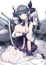 Rule 34 | 1girl, :3, azur lane, bare shoulders, black footwear, black hair, blue eyes, blue hair, blush, breast hold, breasts, cheshire (azur lane), cleavage, detached sleeves, dress, frills, garter straps, hairband, head tilt, high heels, highres, large breasts, looking at viewer, luse maonang, maid headdress, multicolored hair, puffy sleeves, ribbon, rigging, sitting, smile, solo, streaked hair, thighhighs, thighs, wariza, white thighhighs, wrist cuffs