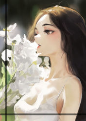 Rule 34 | 1girl, absurdres, breasts, brown eyes, brown hair, cokio, collarbone, dress, highres, long hair, medium breasts, original, parted lips, smelling flower, solo, sundress, upper body, white dress