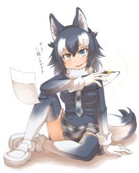 Rule 34 | 10s, 1girl, animal ears, blue eyes, blue hair, check translation, fang, fur collar, fur trim, gloves, gradient legwear, grey hair, grey wolf (kemono friends), heterochromia, highres, ink, kemono friends, long hair, long sleeves, multicolored clothes, multicolored hair, multicolored legwear, necktie, nib pen (object), open mouth, paper, pen, plaid, plaid necktie, plaid neckwear, plaid skirt, pleated skirt, sitting, skirt, sleeve cuffs, solo, tail, thighhighs, thin (suzuneya), translation request, wolf ears, wolf tail, yellow eyes