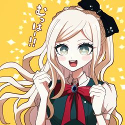 Rule 34 | 1girl, :d, artist name, black bow, blonde hair, blush, bow, bowtie, bracelet, braid, clenched hands, danganronpa (series), danganronpa 2: goodbye despair, dress, gem, green dress, green eyes, hair bow, hands up, jewelry, long hair, looking at viewer, mikao (eanv5385), open mouth, orange background, puffy short sleeves, puffy sleeves, red bow, red bowtie, short sleeves, simple background, smile, solo, sonia nevermind, teeth, translation request, upper body, upper teeth only, yellow background