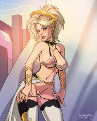 Rule 34 | 1girl, alternate costume, artist name, bikini, bikini pull, blonde hair, blue eyes, bra, bracer, breasts, clothes pull, cowboy shot, dr graevling, eyebrows, eyelashes, female pubic hair, gorget, halo, highres, lips, mechanical halo, medium breasts, mercy (overwatch), navel, nipples, no wings, overwatch, overwatch 1, panties, panty pull, parted lips, pink lips, ponytail, pubic hair, pussy, revealing clothes, sarong, see-through, signature, solo, standing, swimsuit, thighhighs, uncensored, underboob, underwear, undressing