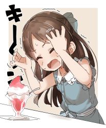 Rule 34 | 1girl, arms up, blue bow, blue dress, blush, bow, brain freeze, brown background, brown hair, closed eyes, dress, food, hair bow, highres, idolmaster, idolmaster cinderella girls, long hair, open mouth, parted bangs, shaved ice, sleeveless, sleeveless dress, solo, spoon, striped, striped bow, sweat, tachibana arisu, translation request, trembling, two-tone background, v-shaped eyebrows, very long hair, white background, yukie (kusaka shi)