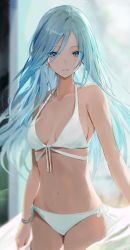 Rule 34 | 1girl, absurdres, bare arms, bare shoulders, bikini, blue eyes, blue hair, blurry, breasts, cleavage, cowboy shot, front-tie top, hair between eyes, halterneck, highres, hinomori shizuku, light blue hair, long hair, looking at viewer, medium breasts, mole, mole under mouth, navel, parted bangs, parted lips, project sekai, side-tie bikini bottom, sidelocks, smile, solo, stomach, swimsuit, tomura2maru, white bikini, wristband