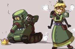 Rule 34 | !, !!, 1girl, :o, armor, armored dress, black gloves, blonde hair, brown footwear, cannon, elbow gloves, gloves, goggles, juno son, looking at viewer, mario (series), military, military vehicle, motor vehicle, multiple views, new super mario bros. u deluxe, nintendo, personification, pouch, power crown, sherm (mario), shoulder armor, spiked belt, standing, super mario odyssey, tank, transformation