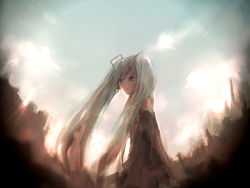 Rule 34 | 1girl, ameiro, bad id, bad pixiv id, black skirt, blue sky, building, cloud, collared shirt, detached sleeves, from behind, from side, grey shirt, hair ornament, hatsune miku, long hair, looking at viewer, looking back, miniskirt, necktie, outdoors, pleated skirt, ruins, shirt, skirt, sky, solo, twintails, upper body, very long hair, vocaloid