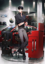 Rule 34 | 1boy, adjusting clothes, adjusting gloves, belt, black hair, black shirt, brown belt, car, chain, closed mouth, earrings, gloves, green eyes, grey pants, hand up, highres, indoors, jacket, jewelry, leaning back, leather, leather jacket, male focus, motor vehicle, original, pants, pilot helmet, ryota-h, screwdriver, shirt, short hair, short sleeves, sitting, smile, solo, standing, stool, tagme, toolbox, wrench