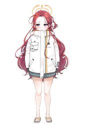 Rule 34 | 1girl, absurdres, bare legs, blue archive, blush, bow, braid, forehead, full body, hair bow, halo, highres, jacket, long hair, one side up, red hair, sandals, simple background, solo, ushimochi, very long hair, white background, white jacket, yuzu (blue archive)