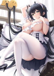 Rule 34 | 1girl, arm up, azur lane, black footwear, black hair, blush, breasts, crossed legs, feet out of frame, frilled pillow, frills, green eyes, hair between eyes, hand in own hair, hand up, high heels, highres, indomitable (azur lane), indomitable (ms. motivationless maid) (azur lane), k.t.cube, large breasts, long hair, looking at viewer, maid, manjuu (azur lane), official alternate costume, panties, pasties, pillow, resolution mismatch, shoe dangle, solo, source larger, thighhighs, underwear, very long hair, white panties, white thighhighs