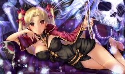 Rule 34 | 1girl, absurdres, black cape, black leotard, blonde hair, blush, buckle, cape, closed mouth, earrings, ereshkigal (fate), fate/grand order, fate (series), foreshortening, hair ornament, hair ribbon, highres, huge filesize, jewelry, leotard, light particles, long hair, looking at viewer, lying, on side, red eyes, red ribbon, ribbon, satou daiji, shiny skin, skull, smile, solo, tiara