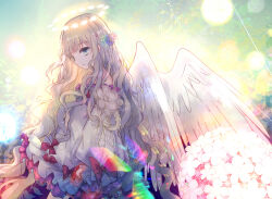 Rule 34 | 1girl, bare shoulders, bow, dress, feathered wings, flower, frilled dress, frills, from side, grey eyes, hair flower, hair ornament, halo, highres, kazu (muchuukai), long hair, looking at viewer, original, purple bow, solo, very long hair, white dress, white wings, wings