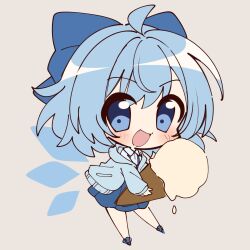Rule 34 | 1girl, :d, absurdres, ahoge, alternate costume, blue bow, blue eyes, blue footwear, blue hair, blue jacket, blue skirt, bow, chibi, cirno, commentary, detached wings, food, full body, grey background, hair bow, highres, holding, holding food, ice, ice cream cone, ice wings, jacket, misosiru 0224, open mouth, short hair, simple background, sketch, skirt, smile, solo, touhou, wings