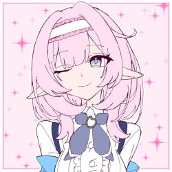 Rule 34 | 1girl, blue eyes, closed mouth, commentary request, elysia (honkai impact), hair between eyes, hairband, highres, honkai (series), honkai impact 3rd, koyoi yyyoi, long hair, looking at viewer, one eye closed, pink background, pink hair, pointy ears, solo, star (symbol), upper body