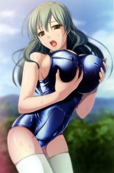 Rule 34 | 10s, 1girl, bare shoulders, breast hold, breasts, brown eyes, green hair, highres, kyonyuu fantasy, large breasts, long hair, one-piece swimsuit, open mouth, q-gaku, school swimsuit, solo, swimsuit, thighhighs, white thighhighs