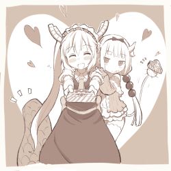 Rule 34 | 10s, 2girls, beads, blunt bangs, blush, bow, box, capelet, closed eyes, dragon girl, dragon horns, dragon tail, dress, gift, gift box, gloves, hair beads, hair bow, hair ornament, hairband, heart, heart-shaped box, holding, holding gift, horns, kanna kamui, kitaku (nakamachi machi), kobayashi-san chi no maidragon, large tail, long hair, long sleeves, looking at viewer, maid, maid headdress, monochrome, multiple girls, necktie, open mouth, outstretched arms, sash, short sleeves, simple background, standing, tail, thighhighs, tohru (maidragon), twintails, valentine, zettai ryouiki