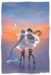 Rule 34 | 2girls, absurdly long hair, artist name, bad id, bad twitter id, black hair, black legwear, blue hair, border, from behind, full body, gradient hair, hair ribbon, hana (hoshiko 4270), highres, holding hands, kantai collection, long hair, long sleeves, low twintails, multicolored hair, multiple girls, night, night sky, ocean, partially submerged, reflection, ribbon, samidare (kancolle), scarf, shared clothes, shared scarf, shoes, shooting star, sky, star (sky), sunset, suzukaze (kancolle), sweater, thighhighs, twintails, very long hair, water, white border, white scarf