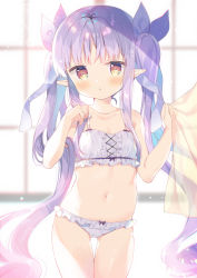 Rule 34 | 1girl, :o, backlighting, bare arms, bare shoulders, blue ribbon, blush, bow, bow bra, bow panties, bra, breasts, brown eyes, collarbone, commentary request, curtain grab, curtains, day, frilled bra, frilled panties, frills, hair ribbon, hands up, head tilt, kyoka (princess connect!), long hair, looking at viewer, navel, panties, parted lips, pointy ears, purple hair, ribbon, sidelocks, small breasts, solo, standing, sunlight, thigh gap, transparent, twintails, underwear, underwear only, very long hair, white bra, white panties, window, yuizaki kazuya
