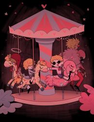 Rule 34 | 2boys, aged down, arrow (projectile), ascot, bandaid, bird, blonde hair, blood, brothers, brown gloves, carousel, coat, covered eyes, crying, dark background, death, donkey, donquixote doflamingo, donquixote rocinante, earrings, flamingo, formal, gloves, gun, hair over eyes, halo, heart, highres, holding, holding gun, holding weapon, hood, jewelry, multiple boys, one piece, open mouth, outstretched arm, pink coat, pink shirt, pizimoth, red ascot, red suit, shirt, short hair, siblings, smile, suit, sunglasses, weapon
