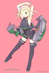 Rule 34 | 1girl, armpits, arms up, blonde hair, bodysuit, cannon, covered navel, diving suit, flat chest, full body, green eyes, grey thighhighs, hairband, highres, kantai collection, luigi torelli (kancolle), medium hair, nakaaki masashi, one eye closed, open mouth, pink background, rigging, simple background, sleeveless, solo, thigh strap, thighhighs, wetsuit, white hairband