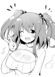 Rule 34 | 1girl, ;d, breasts, cleavage, cleavage cutout, clothing cutout, greyscale, hair bobbles, hair ornament, kiku hitomoji, large breasts, looking at viewer, meme attire, monochrome, one eye closed, onozuka komachi, open-chest sweater, open mouth, smile, solo, sweater, touhou, two side up, v