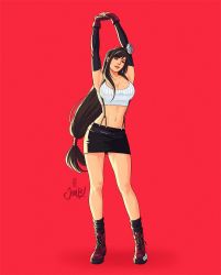 Rule 34 | 1girl, abs, arms up, black hair, black shirt, boots, breasts, elbow pads, final fantasy, final fantasy vii, fingerless gloves, full body, gloves, highres, jen bartel, large breasts, long hair, looking at viewer, low-tied long hair, navel, red footwear, shirt, simple background, single elbow pad, skirt, solo, square enix, stomach, stretching, suspender skirt, suspenders, tank top, tifa lockhart, toned, white tank top