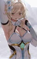 Rule 34 | 1girl, arm up, armpits, bare shoulders, blonde hair, breasts, cleavage, commentary, detached sleeves, dress, flower, genshin impact, hair flower, hair ornament, highres, long hair, long sleeves, lumine (genshin impact), medium breasts, micchan (micchanmeido), open mouth, sleeveless, sleeveless dress, solo, upper body, white dress, white flower, yellow eyes