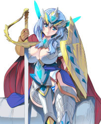 Rule 34 | 1girl, armor, blue eyes, blue hair, breastplate, breasts, cape, cleavage, gloves, greaves, helmet, highres, knight, kouno (masao), large breasts, long hair, original, panties, pauldrons, shield, shoulder armor, sitting, solo, striped clothes, striped panties, sword, underwear, weapon