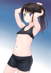 Rule 34 | 1girl, adjusting hair, bike shorts, black hair, black shorts, blue background, blue eyes, breasts, closed mouth, commentary request, covered erect nipples, gradient background, highres, looking at viewer, meow (nekodenki), midriff, navel, original, shirt, shorts, small breasts, smile, solo, underboob