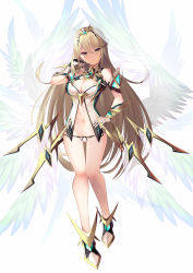 Rule 34 | 1girl, blonde hair, breasts, cleavage, cleavage cutout, clothing cutout, daive, earrings, highres, jewelry, large breasts, long hair, mythra (xenoblade), navel, prototype design, solo, stomach, stomach cutout, swept bangs, tiara, very long hair, wings, xenoblade chronicles (series), xenoblade chronicles 2, yellow eyes