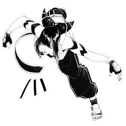 Rule 34 | absurdres, arm tattoo, barefoot, belt, emo (anemounicorn), fighting stance, from above, gauntlets, hair over one eye, han juri, highres, impossible hair, lipstick, makeup, monochrome, pants, simple background, spiked anklet, street fighter, street fighter 6, taekwondo, tattoo, vest