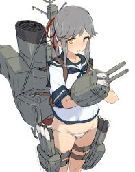 Rule 34 | 1girl, adapted turret, alchera, bad id, bad twitter id, blue sailor collar, brown eyes, cannon, commentary request, cowboy shot, duplicate, grey hair, kantai collection, long hair, lowleg, lowleg panties, machinery, no pants, old school swimsuit, panties, sailor collar, sailor shirt, school swimsuit, school uniform, serafuku, shirt, simple background, solo, swimsuit, torpedo launcher, turret, underwear, usugumo (kancolle), white background, white panties