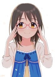 Rule 34 | 1girl, black hair, blue dress, blush, breasts, brown eyes, closed mouth, dot nose, dress, frilled dress, frills, glasses, hands up, highres, idolmaster, idolmaster cinderella girls, idolmaster cinderella girls starlight stage, jacket, kamijo haruna, long sleeves, looking at viewer, medium breasts, open clothes, open jacket, pink-framed eyewear, ribbon-trimmed dress, short hair, signature, simple background, smile, solo, upper body, wgm oekaki, white background