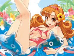 Rule 34 | 1girl, alena (dq4), breasts, chunsoft, covered erect nipples, dragon quest, dragon quest iv, earrings, enix, flower, hair flower, hair ornament, hairband, hibiscus, jewelry, kekocha, kneepits, legs up, lying, matching hair/eyes, open mouth, orange eyes, orange hair, slime (dragon quest), smile, solo, swimsuit
