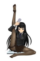 Rule 34 | 1girl, blunt bangs, feet, female protagonist (houkago play), flexible, game console, hime cut, houkago play, kusakabe makoto, legs, long hair, necktie, nintendo, panties, panties under pantyhose, pantyhose, playing games, school uniform, solo, thighband pantyhose, underwear, very long hair, wii, wii balance board, wii fit