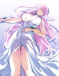 Rule 34 | 1girl, breasts, cleavage, closed eyes, crying, dress, gauntlets, hand on own stomach, head wings, highres, ishiyumi, jewelry, large breasts, long hair, low neckline, lying, necklace, original, purple hair, solo, very long hair, white dress, wings