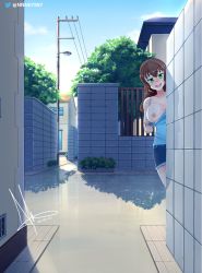 Rule 34 | 1girl, alley, blue shirt, blue shorts, blush, breasts, breasts out, brown hair, building, cable, clothes pull, collarbone, dated, day, exhibitionism, flashing, green eyes, highres, lamppost, large breasts, long hair, looking at viewer, nessu (nnn07897), nipples, open mouth, original, outdoors, power lines, public indecency, reflection, reflective floor, shirt, shirt pull, short shorts, shorts, signature, sky, smile, solo, spaghetti strap, standing, tree, twitter username, utility pole