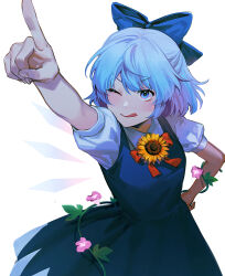 Rule 34 | 1girl, ;q, arm up, blue bow, blue dress, blue eyes, blue hair, bow, cirno, collared shirt, cowboy shot, dress, flower, hair bow, hand on own hip, highres, medium hair, noriuma, one eye closed, pinafore dress, plant, pointing, puffy short sleeves, puffy sleeves, shirt, short sleeves, simple background, sleeveless, sleeveless dress, solo, sunflower, tanned cirno, tongue, tongue out, touhou, v-shaped eyebrows, vines, white background, white shirt