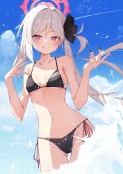Rule 34 | 1girl, :q, absurdres, alternate costume, bare arms, bare shoulders, bikini, black bikini, black nails, blue archive, breasts, closed mouth, collarbone, day, flower, gluteal fold, hair flower, hair ornament, halo, hands up, highres, long hair, looking at viewer, mutsuki (blue archive), nail polish, navel, outdoors, pink eyes, side-tie bikini bottom, side ponytail, small breasts, smile, solo, standing, stomach, string bikini, swimsuit, taht (that is mm), thighs, tongue, tongue out, very long hair, wading, water, white hair
