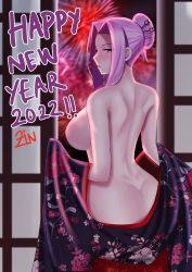 Rule 34 | 1girl, 2022, absurdres, alternate costume, alternate hairstyle, ass, black kimono, breasts, english text, fate/grand order, fate (series), female focus, fireworks, hair bun, happy new year, highres, japanese clothes, kimono, large breasts, matching hair/eyes, medusa (fate), medusa (rider) (fate), new year, purple eyes, purple hair, single hair bun, solo, square pupils, undressing, zinfian