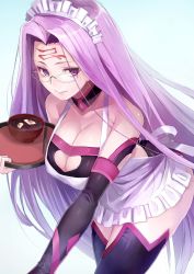 Rule 34 | 1girl, alternate costume, apron, bare shoulders, bowl, breasts, cleavage, cleavage cutout, clothing cutout, detached collar, detached sleeves, enmaided, facial mark, fate/stay night, fate (series), food, forehead mark, glasses, highres, large breasts, leaning forward, long hair, looking at viewer, maid, maid apron, maid headdress, medusa (fate), medusa (rider) (fate), medusa (rider) (third ascension) (fate), mochi, purple eyes, purple hair, rimless eyewear, shiruko (food), smile, solo, taishi (picchiridou), tray, very long hair, wagashi, zenzai