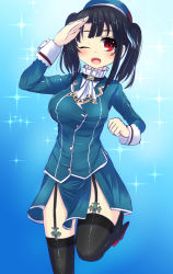 Rule 34 | 10s, 1girl, alternate hairstyle, beret, black hair, black thighhighs, garter straps, hat, kantai collection, looking at viewer, one eye closed, open mouth, red eyes, salute, skirt, smile, solo, takao (kancolle), tenken (gotannda), thighhighs, twintails, wink