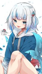 Rule 34 | 1girl, :p, absurdres, animal costume, blue eyes, blue hair, blue hoodie, blush, fang, fins, fish tail, gawr gura, gawr gura (1st costume), grey hair, hair ornament, highres, hololive, hololive english, hood, hoodie, looking at viewer, medium hair, multicolored hair, shark costume, shark girl, shark hair ornament, shark tail, skin fang, smile, solo, streaked hair, tail, tongue, tongue out, u da desu, virtual youtuber, white background